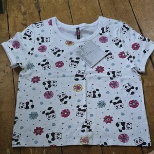 White and Black Short Sleeve Tee with Panda Print